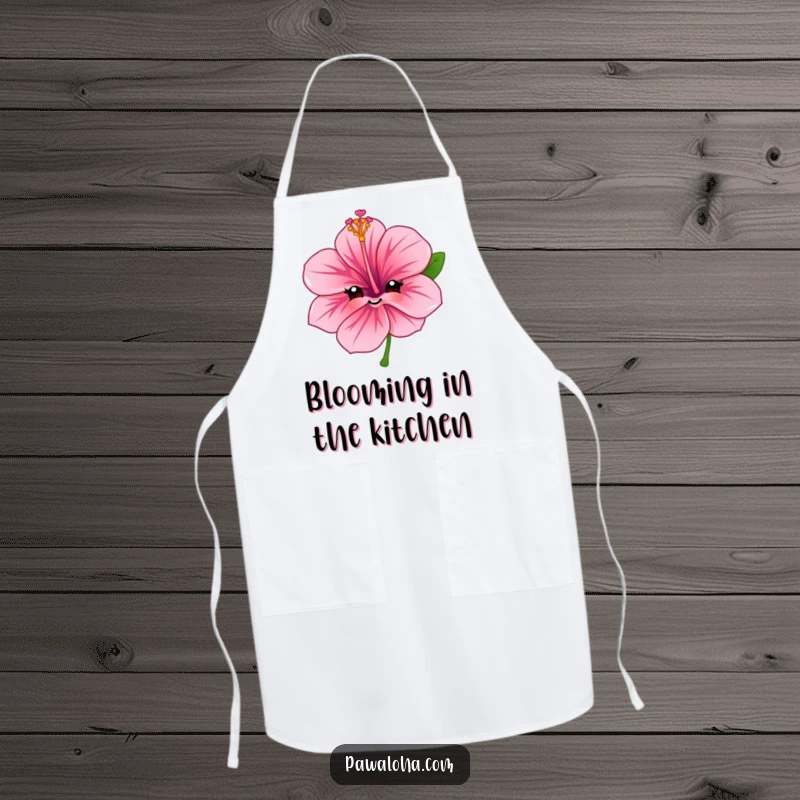 Funny hibiscus flower apron with a character's sweet, friendly smile, making cooking and baking more enjoyable.