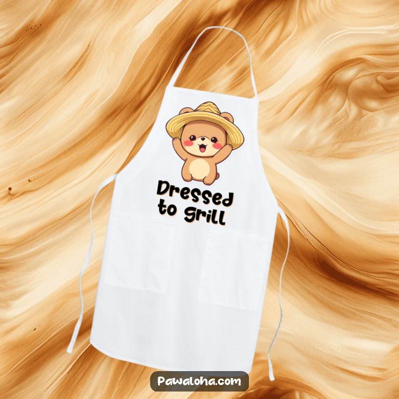 Funny apron for cooking, featuring a delighted bear character wearing a straw hat, ready for culinary adventures.