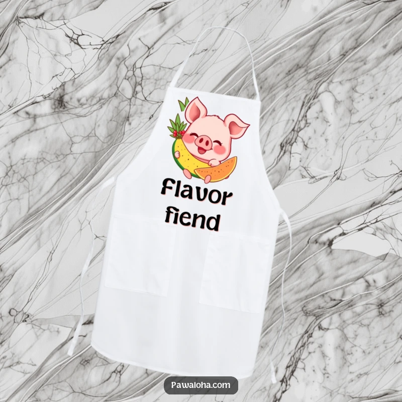 Funny apron for cooking, featuring a happy pig character with a grin, holding a tropical fruit while preparing a meal.