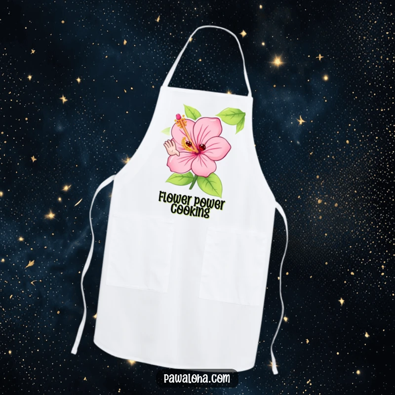 Funny hibiscus flower apron featuring a cute character adorably waving hello with its petals, perfect for kitchen fun and protection.