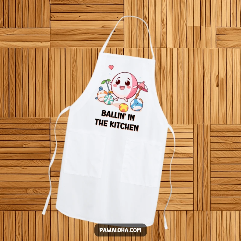 Funny beach ball apron featuring a playful character bouncing with beach toys, perfect for summer BBQs and kitchen fun.
