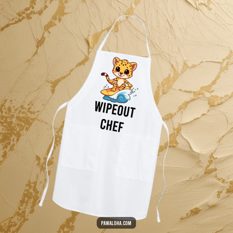 Funny apron for cooking, featuring a cheetah character surfing on a wave, ready to handle any kitchen task.