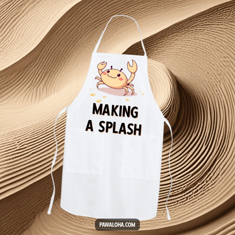 Funny apron with a delighted crab scuttling sideways on the sand, leaving footprints, ready to cook up a storm.