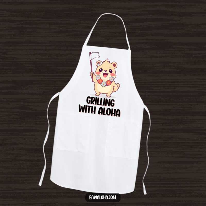 Funny apron featuring a creature in a lei, enthusiastically waving a miniature flag, ready for tropical-themed cooking and baking.