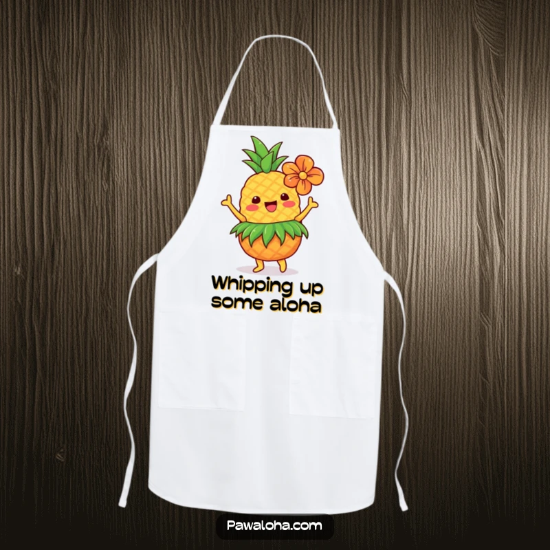Funny Hawaiian pineapple in grass skirt and flower, dancing while cooking on this humorous apron.