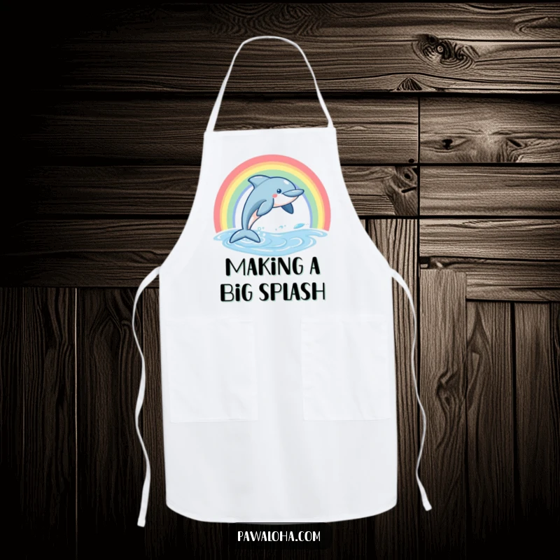 Funny Dolphin Apron with a friendly dolphin leaping from water beneath a beautiful rainbow, ideal for chefs.