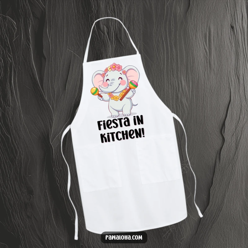 Funny Elephant Fiesta Apron showing a joyful elephant character in a flower garland, shaking maracas. Humorous kitchen accessory.