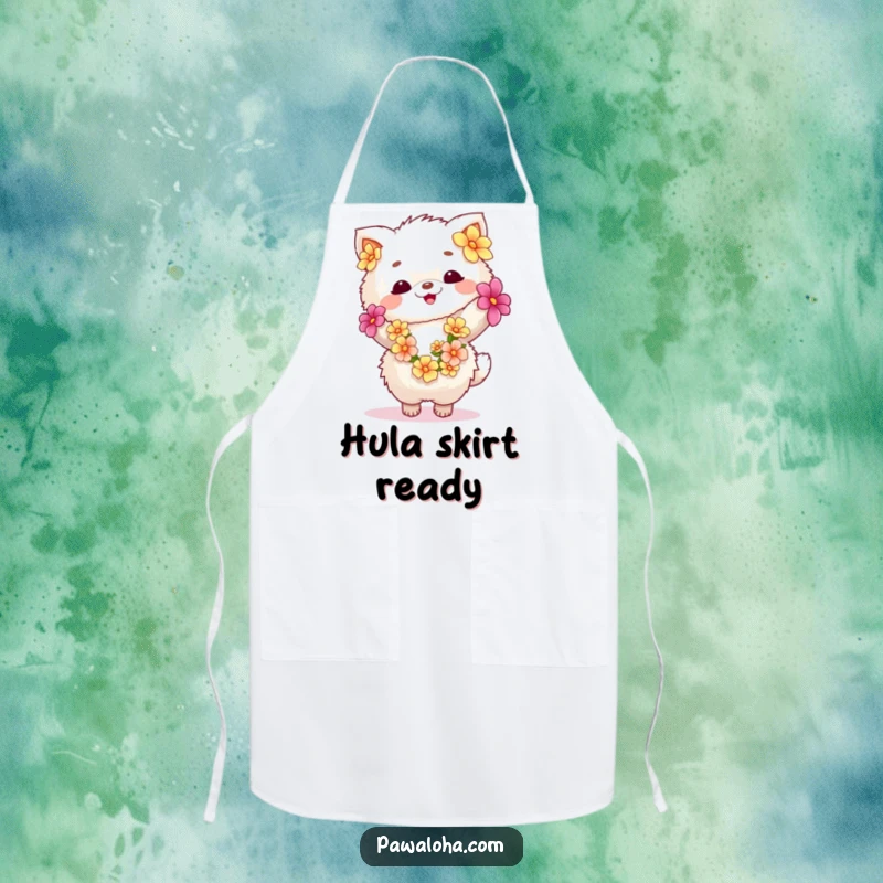 Funny fluffy animal in a lei, dancing enthusiastically on a chef's apron. Perfect for a joyful cooking experience.