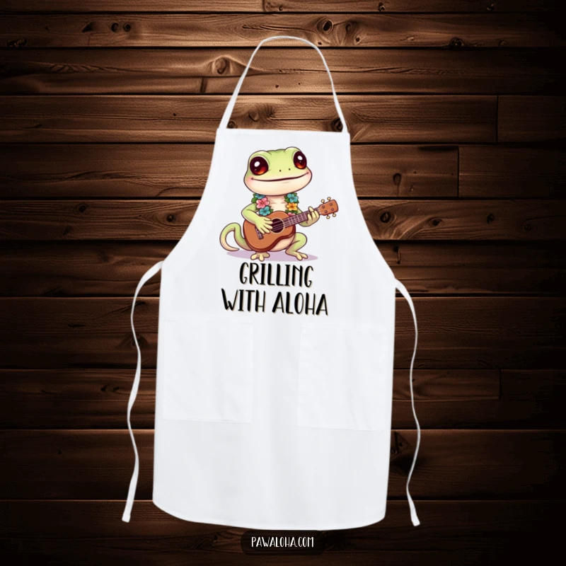 Funny Gecko Apron: a smiling gecko playing a ukulele, ideal for kitchen humor.