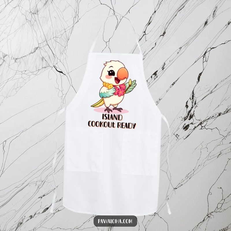 Funny apron featuring a happy kawaii parrot with a lei, dancing the hula, perfect for adding tropical fun to kitchen activities.