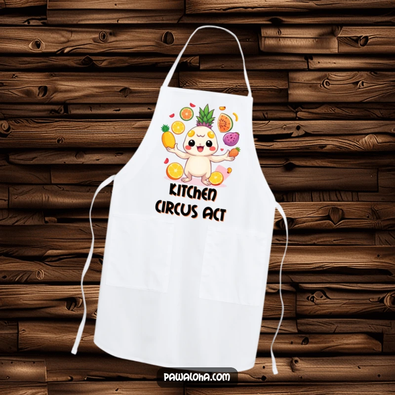 Funny creature juggling bright tropical fruits on a chef's apron. Brings energetic fun to cooking.