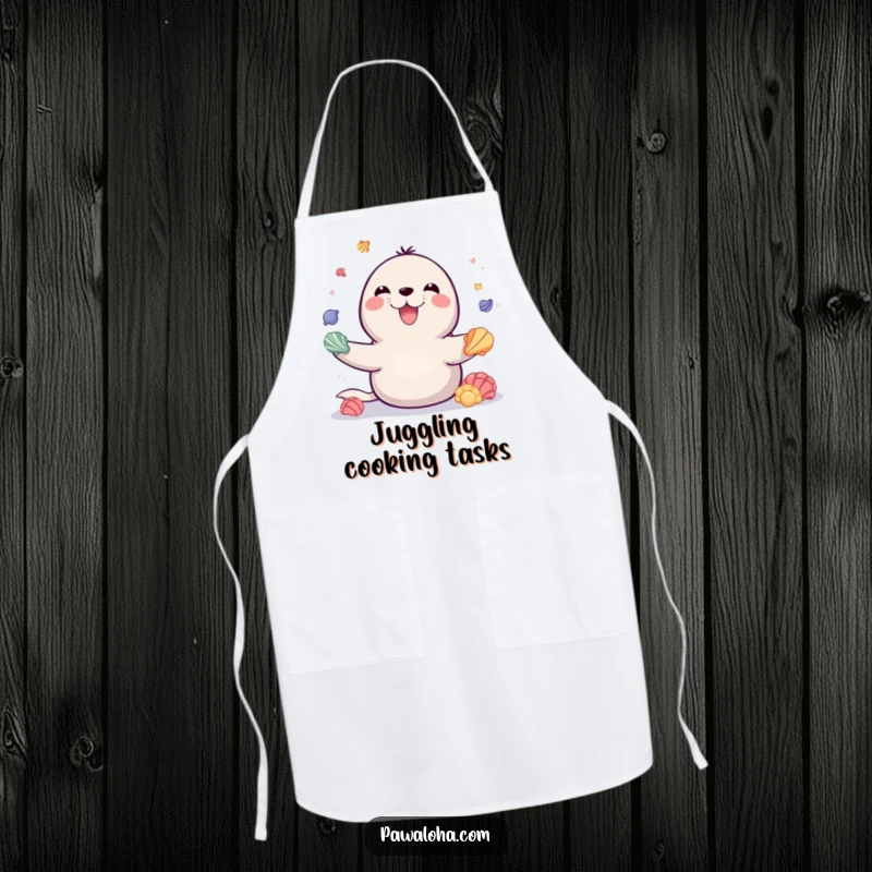 Funny apron designed with a playful seal beaming, juggling colorful seashells, ideal for cheerful kitchen adventures with a marine twist.