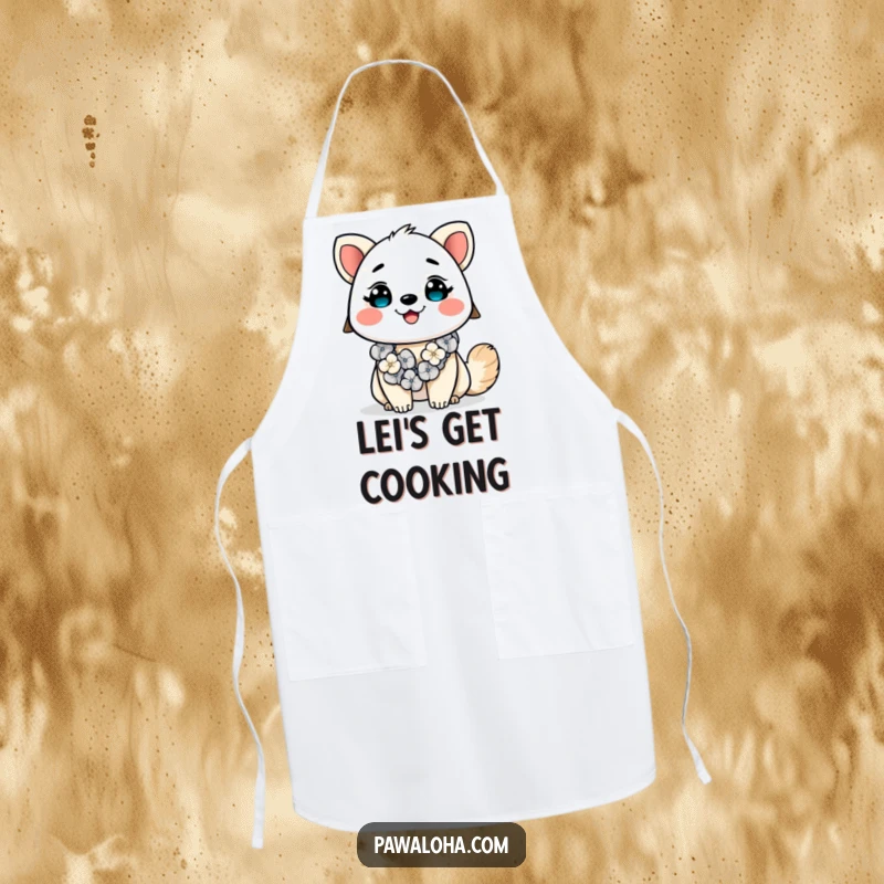 Funny Kawaii Aloha Animal Apron: Adorable cartoon creature with a lei, smiling brightly, adding humor and style to the kitchen.