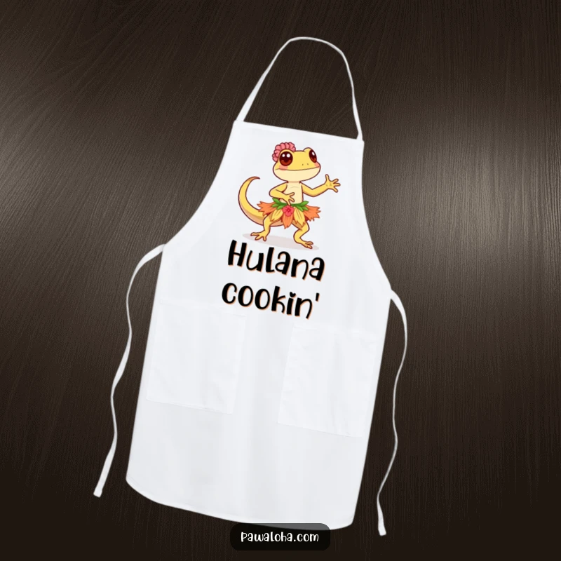 Funny Kawaii gecko wearing a hula skirt, performing a graceful dance, featured on a functional and funny kitchen apron.