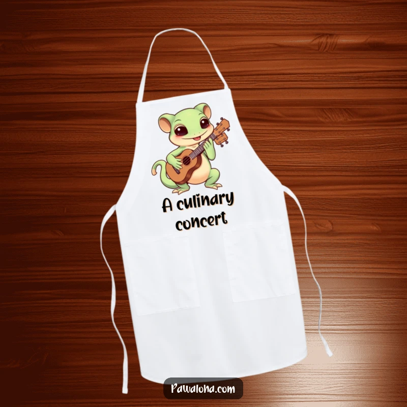 Funny Kawaii gecko playing the ukulele with enthusiasm on a kitchen apron, great for cooking.
