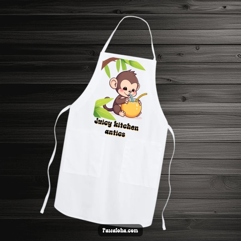 Funny Kawaii Monkey Apron: Adorable monkey sipping from a coconut with a straw, a funny and practical kitchen accessory.