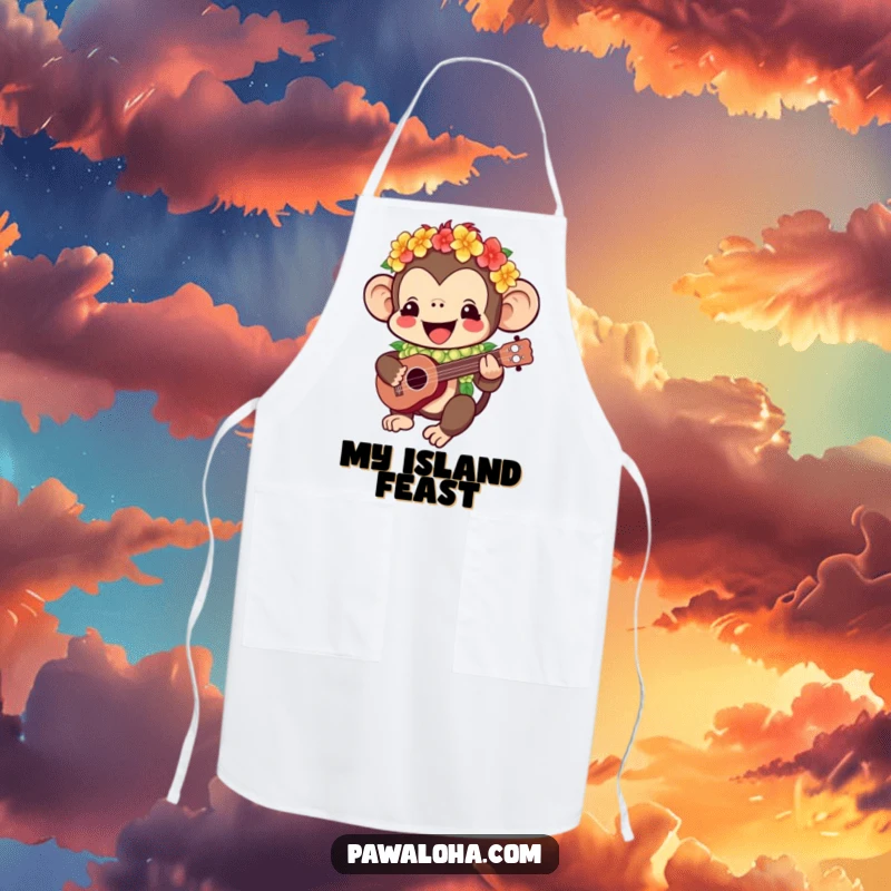 Funny Kawaii monkey apron showing a happy character in a lei playing a ukulele, perfect for adding a touch of humorous tropical flair.