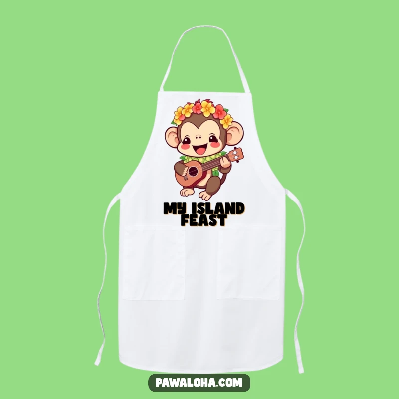 Funny Kawaii Monkey Apron: Ukulele Player, Humorous Tropical Kitchen Gift