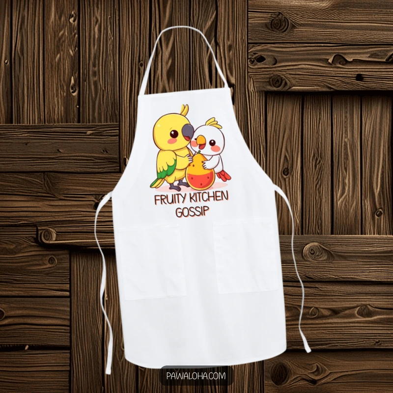 Funny Kawaii Parrot Apron: Adorable colorful parrot sharing fruit, a funny and practical kitchen accessory for sharing.
