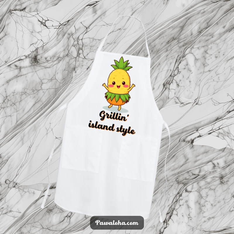 Funny Kawaii pineapple wearing a grass skirt, dancing joyfully on a kitchen apron, great for cooking.