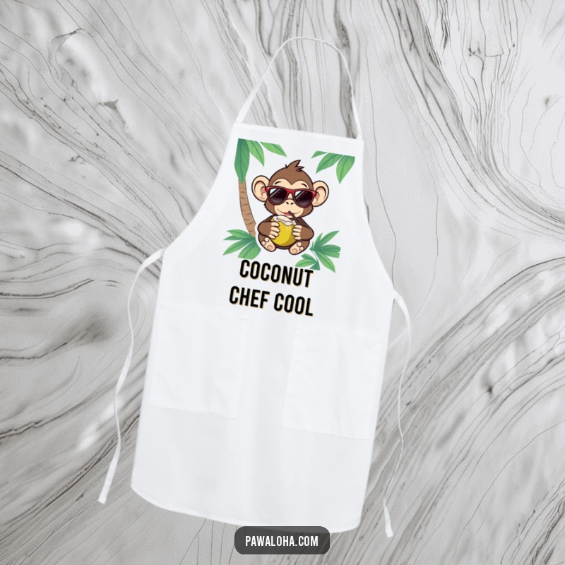 Funny Monkey Apron featuring a monkey in sunglasses sipping a coconut, ready to bring tropical fun to meal prep.