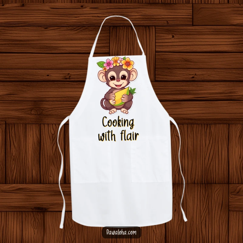 Funny apron designed with a charming monkey adorned with a flower crown, offering a tropical fruit, ideal for cheerful kitchen adventures.