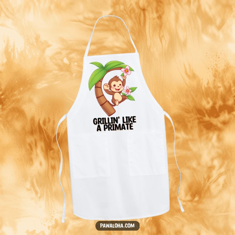 Funny apron featuring a playful monkey swinging from a palm tree with a flower, perfect for adding jungle fun to cooking.