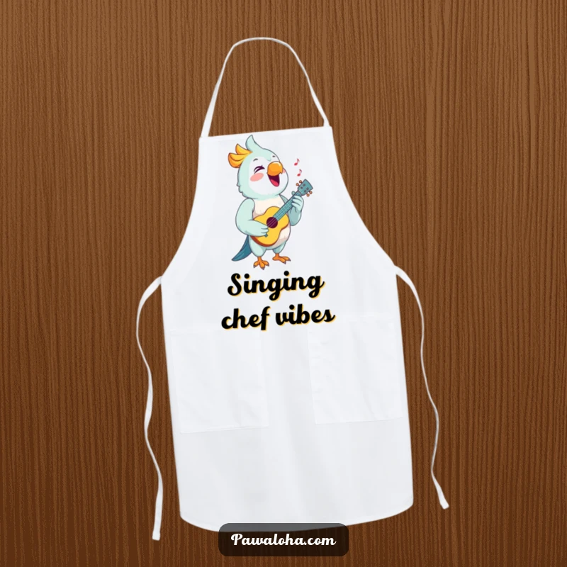 Funny Parrot Apron showing a joyful parrot singing with a tiny ukulele, ready to bring musical fun to the kitchen.