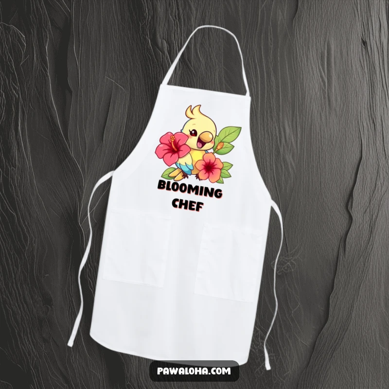 Funny apron for cooking, featuring a happy parrot characer holding a hibiscus flower, ready for kitchen adventures.