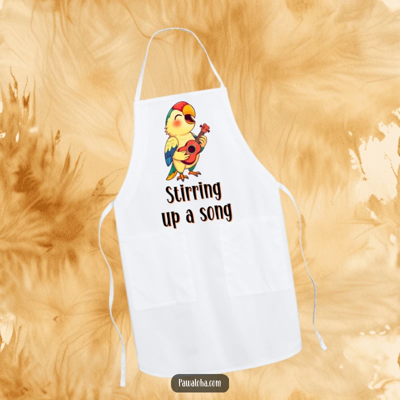Funny Parrot Ukulele Apron: A colorful parrot with a ukulele adds funny, tropical flair to this practical kitchen essential.