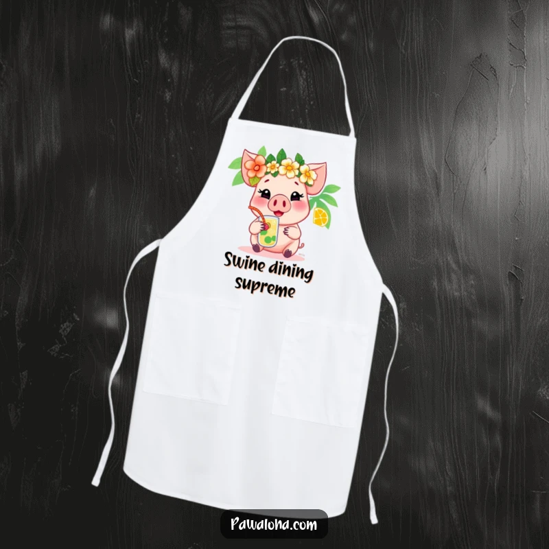 Funny pig apron showing a cheerful pig wearing a flower crown and enjoying a tropical drink, perfect for kitchen fun.