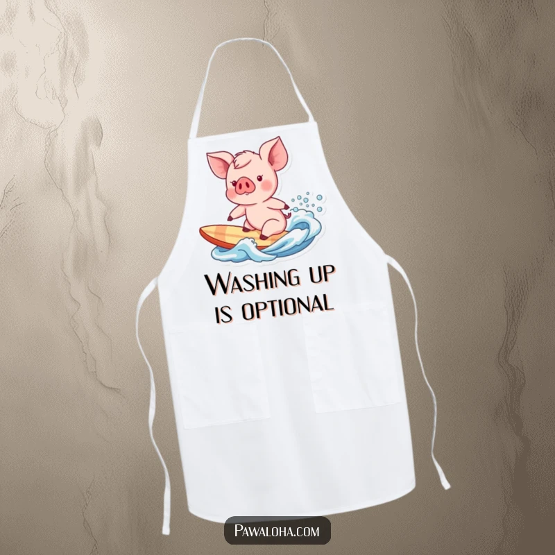 Funny piglet character about to surf a gentle wave, a humorous and functional apron for kitchen adventures.