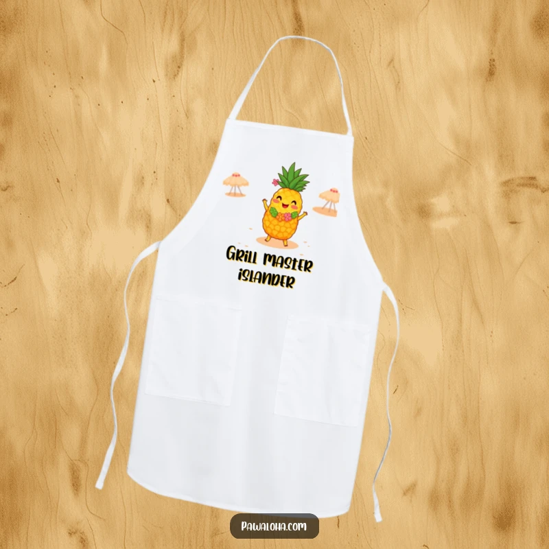 Funny apron designed with a joyful pineapple in a lei, dancing the hula on a sandy beach, ideal for cheerful kitchen adventures.