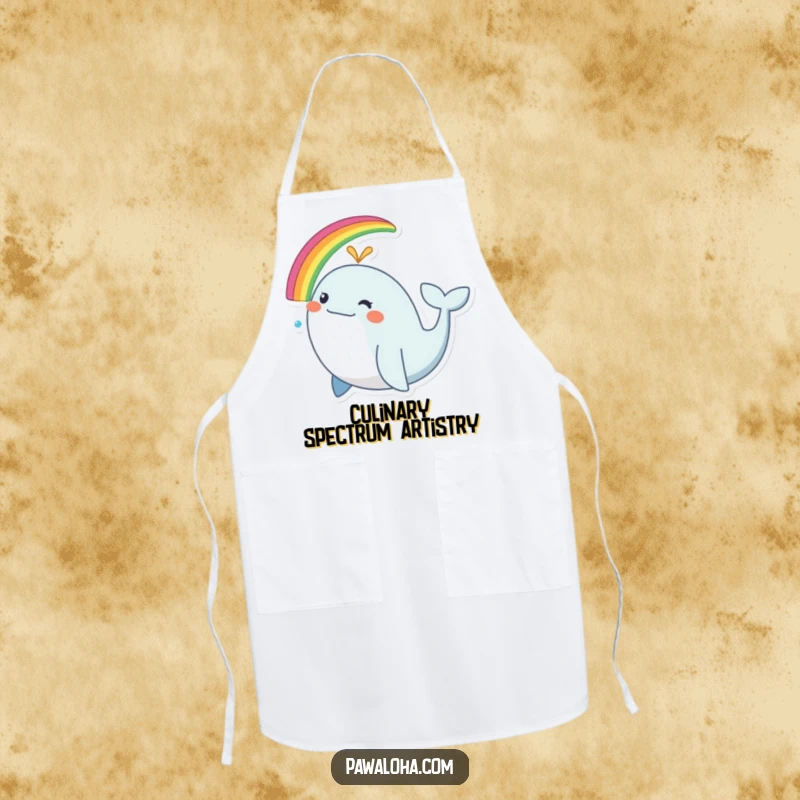 Funny whale apron, a chef wearing a happy whale design spouting a rainbow, kitchen humor.