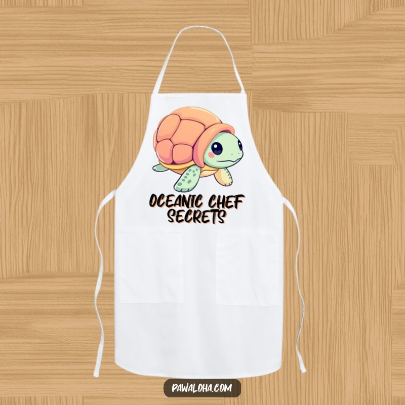 Funny sea turtle character inspecting a seashell while cooking on an apron, bringing gentle ocean charm to the kitchen.