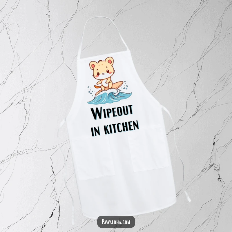 Funny animal character surfing a tiny wave on a surfboard on a chef's apron. Brings beach fun to cooking.