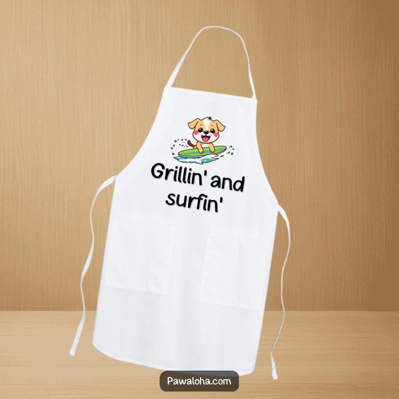 Funny apron featuring a grinning dog character surfing on a wave, perfect for adding a playful touch to kitchen activities.