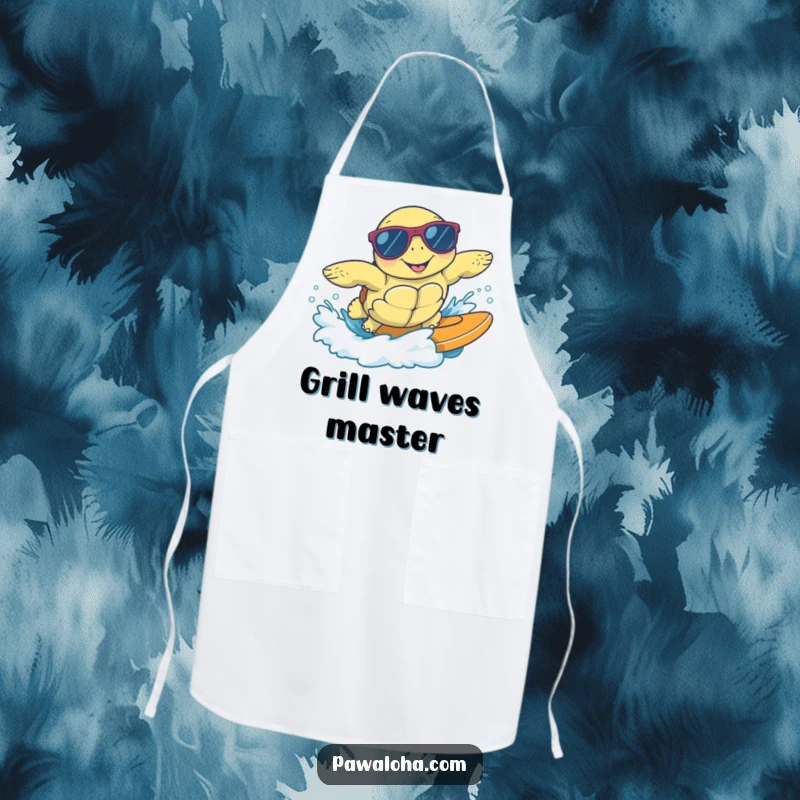 Funny apron designed with a happy sea turtle wearing sunglasses, surfing a gentle wave, ideal for cool and cheerful kitchen adventures.