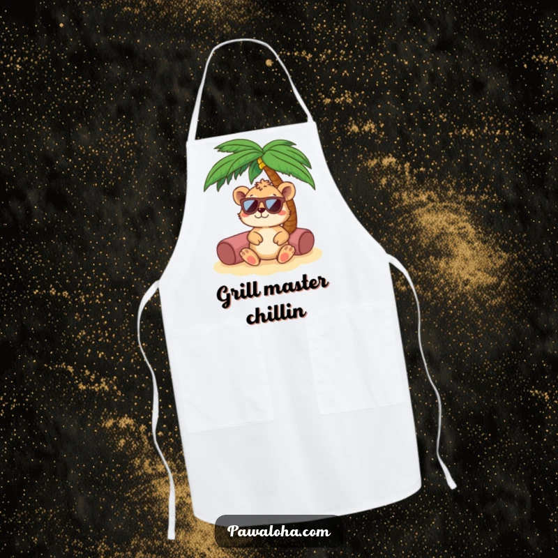 Funny animal wearing sunglasses, relaxing under a palm tree on a chef's apron. Brings a relaxed vibe to cooking.