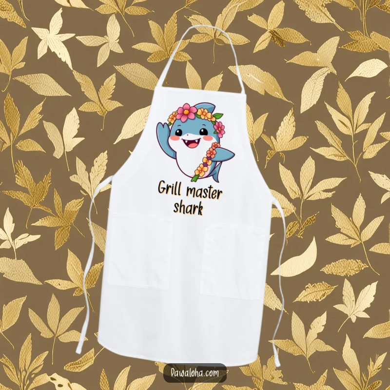 Funny shark apron showing a friendly shark wearing a lei and waving cheerfully, perfect for ocean-themed cooking and baking.