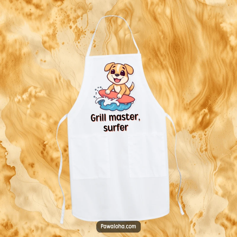 Funny surfing dog apron featuring a character riding a wave with a big grin, ideal for humorous beach cooking. Great gift.
