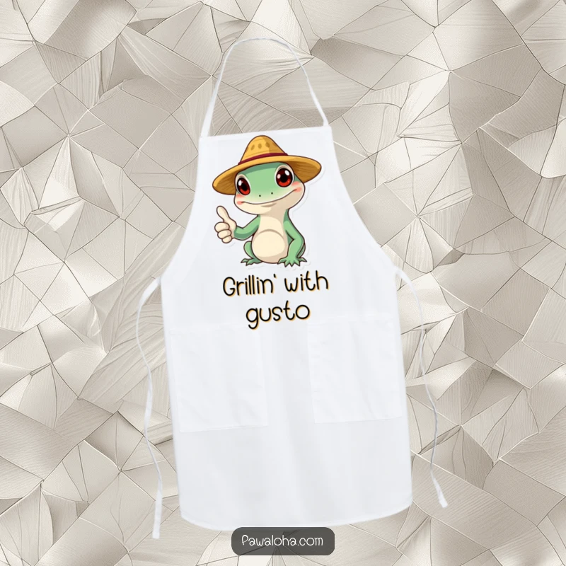 Funny gecko apron featuring a smiling character wearing a tiny straw hat and giving a thumbs up, perfect for kitchen fun.