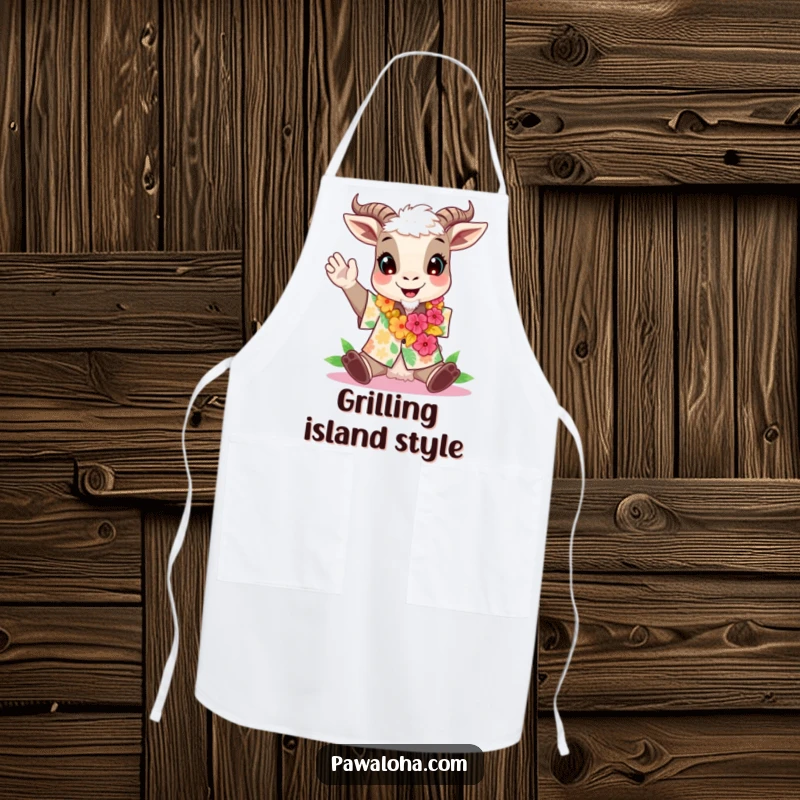 Funny apron showing a cheering goat in an Aloha shirt and lei, perfect for parties.