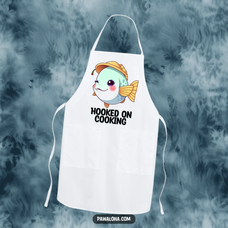 Funny vibrant fish character apron winking while wearing a tiny coconut hat, adding tropical fun to cooking.