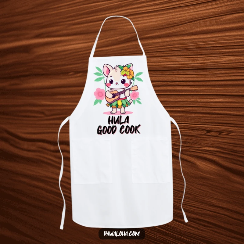 Funny Kawaii Hula Animal Apron: Adorable cartoon creature in a hula skirt, playing a ukulele, adding humor and style to any kitchen.