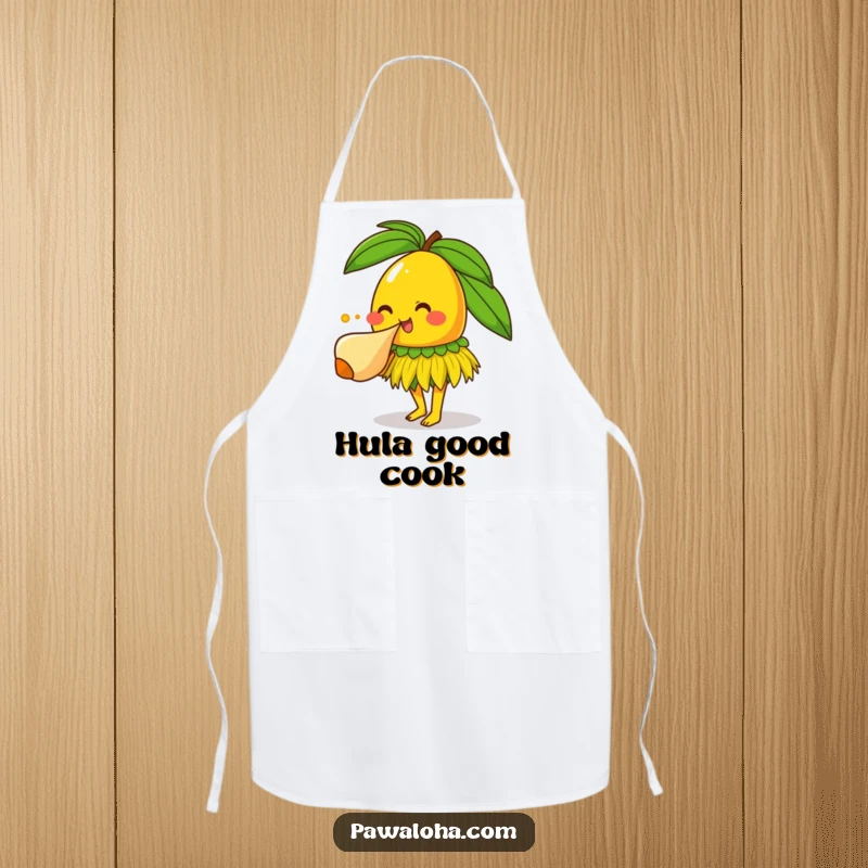 Funny mango character in grass skirt blowing conch shell, a hilarious tropical apron for a fun cooking experience.