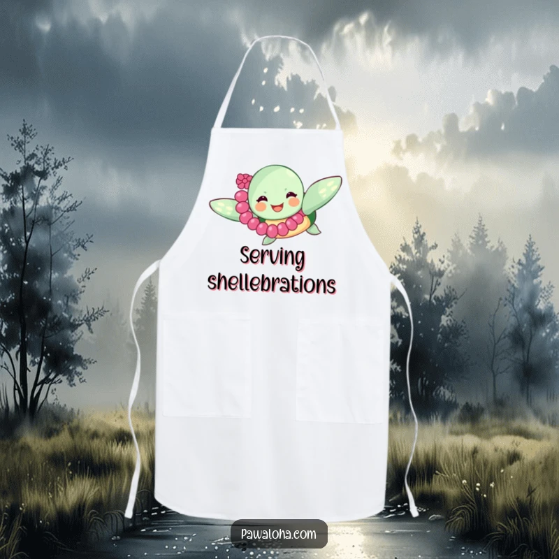 Funny sea turtle in a lei, swimming joyfully, printed on a practical apron, perfect for a fun and messy cooking experience with an ocean theme.