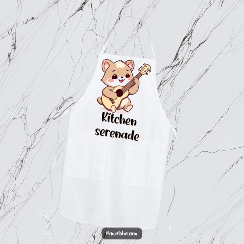 Funny smiling animal playing a ukulele on a chef's apron. Brings musical joy to cooking.