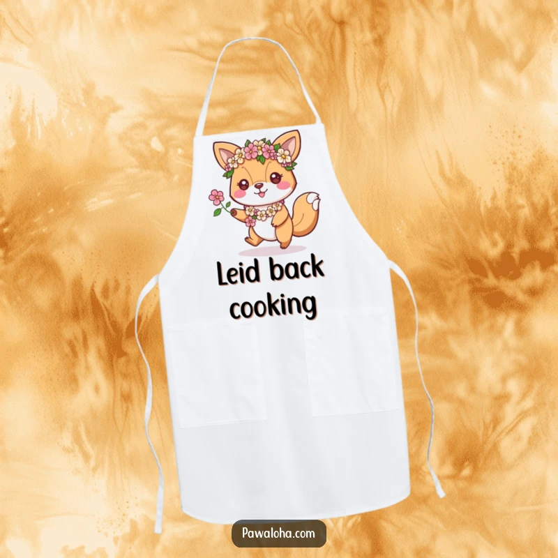 Funny Apron: An animal character with floral leis hops enthusiastically, bringing fun to kitchen tasks.