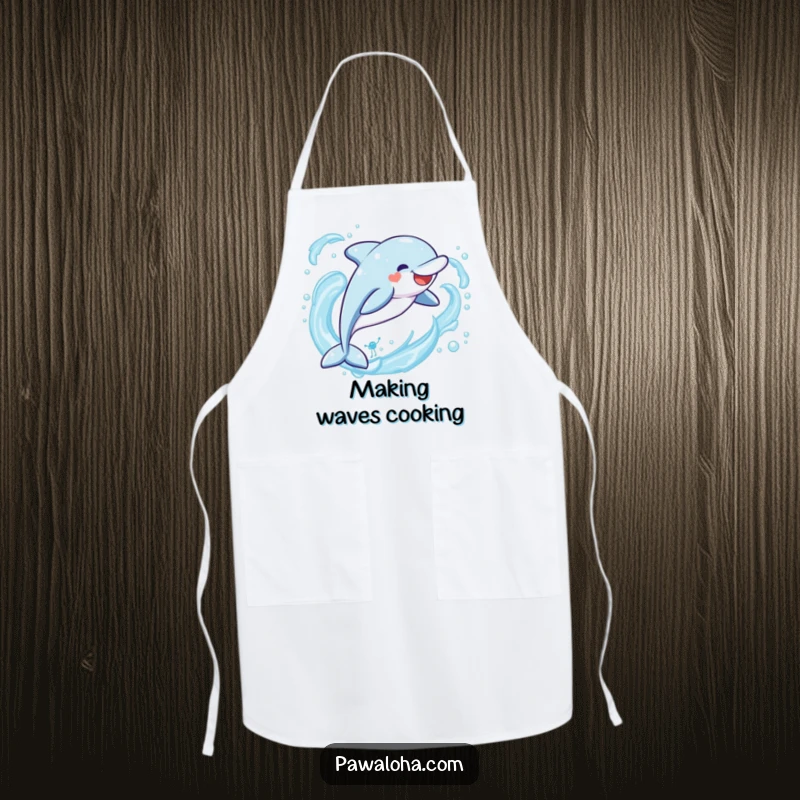 Funny Kawaii dolphin apron, a cute chef character leaping joyfully through ocean waves, infusing humor into kitchen tasks.